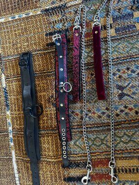 Leather BDSM Collars, Leashes & Velvet Restraint Set – Multiple Pieces –